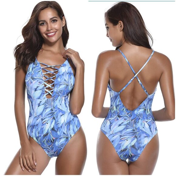 MarinaVida One Piece Swimsuit size M lace up front blue white floral - Picture 1 of 3